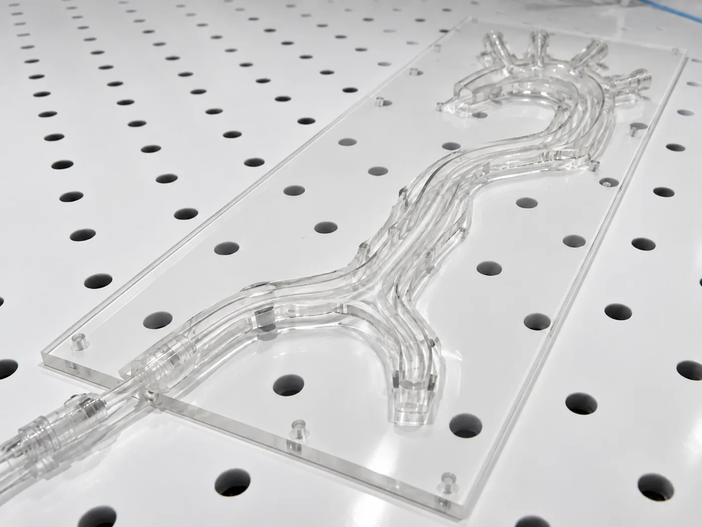 Clear simulated-use vascular model mounted on a test fixture