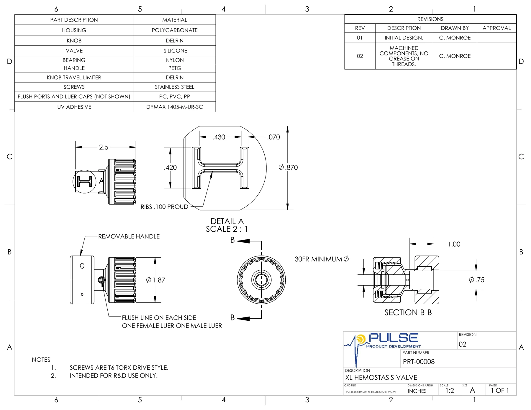 Engineering drawing PRT-00008 Rev 02, XL Hemostasis Valve: bill of materials, overall views, handle detail and section B-B
